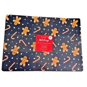 Christmas Placemats Gingerbread Men Set of 4 Vinyl Foam Back Navy Holiday 13x18"